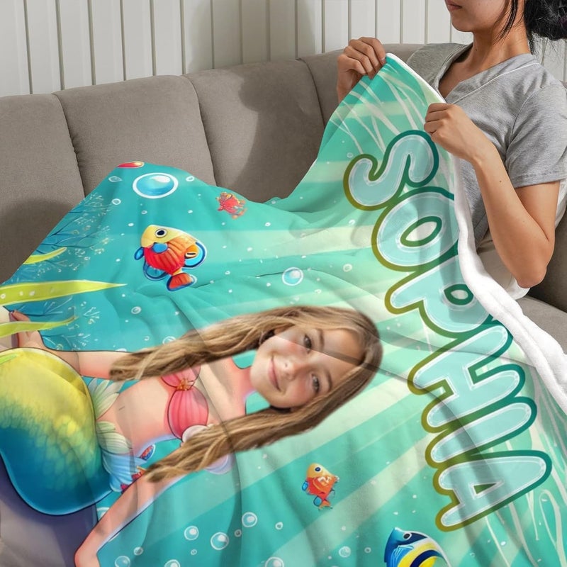 Artsadd Mermaid Gifts for Girls Women, Personalized Mermaid Blanket with Photo and Name for Kids Adults, Custom Photo Blankets for Baby Infant Newborn Toddlers Christmas Birthday Shower Gifts - Image 4